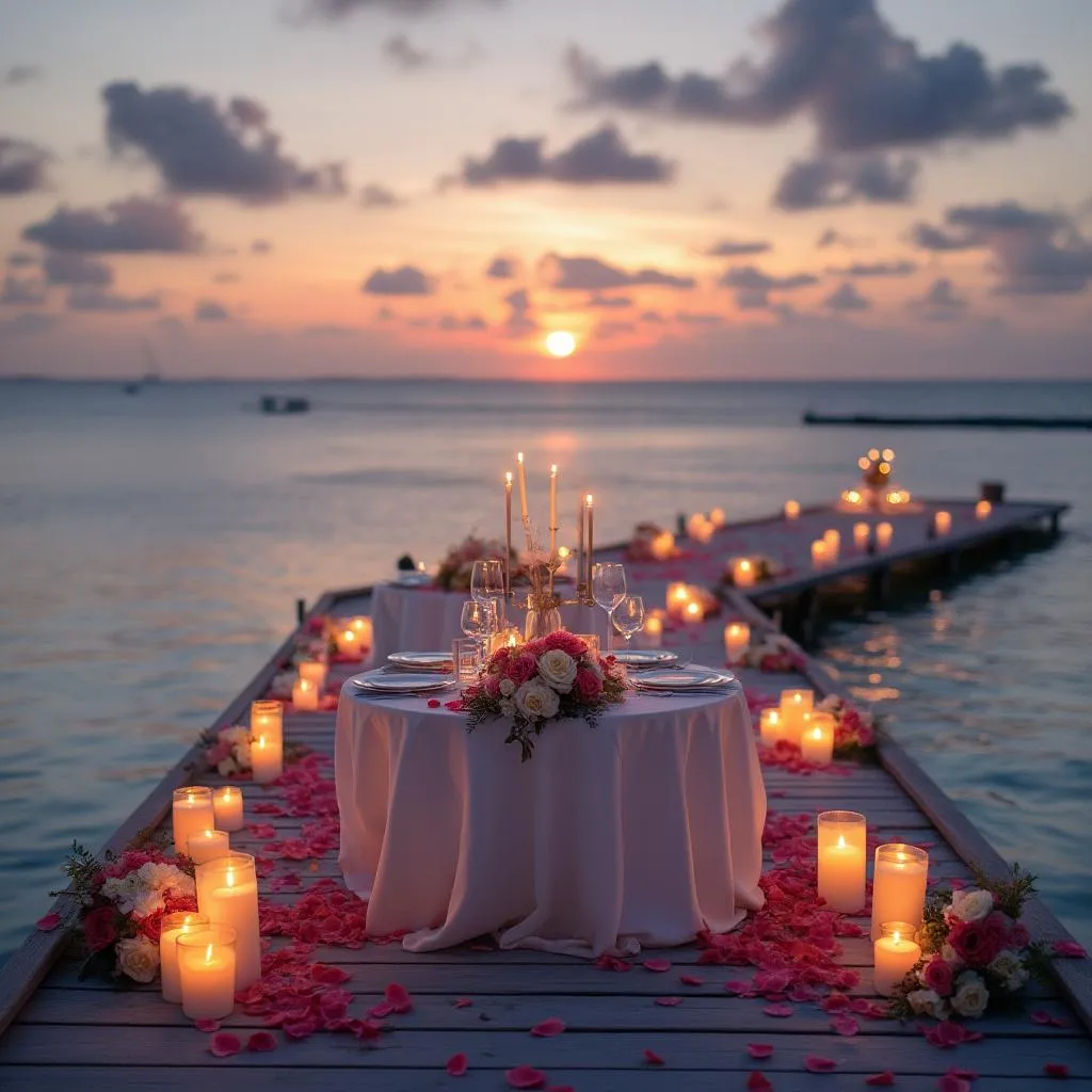 Cena romantica allestita su un molo privato al tramonto
