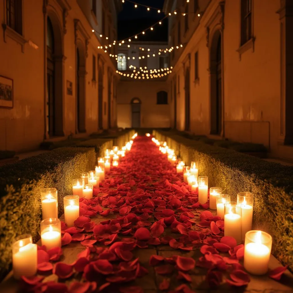 Percorso di candele e petali di rosa in un palazzo storico