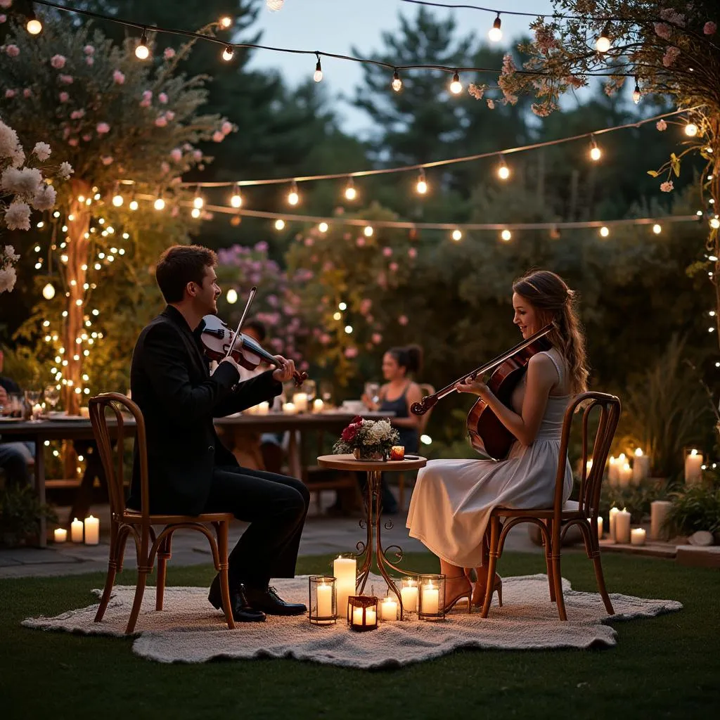 Concerto privato per una coppia in un giardino decorato con luci