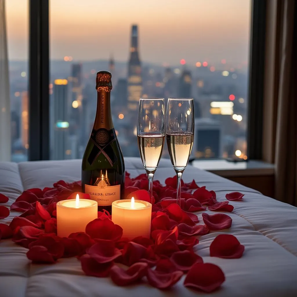 Camera d'albergo decorata romanticamente con vista panoramica sulla città