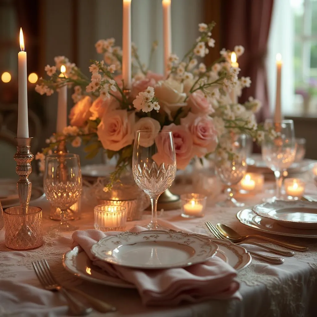 Tavola apparecchiata per cena romantica con dettagli raffinati