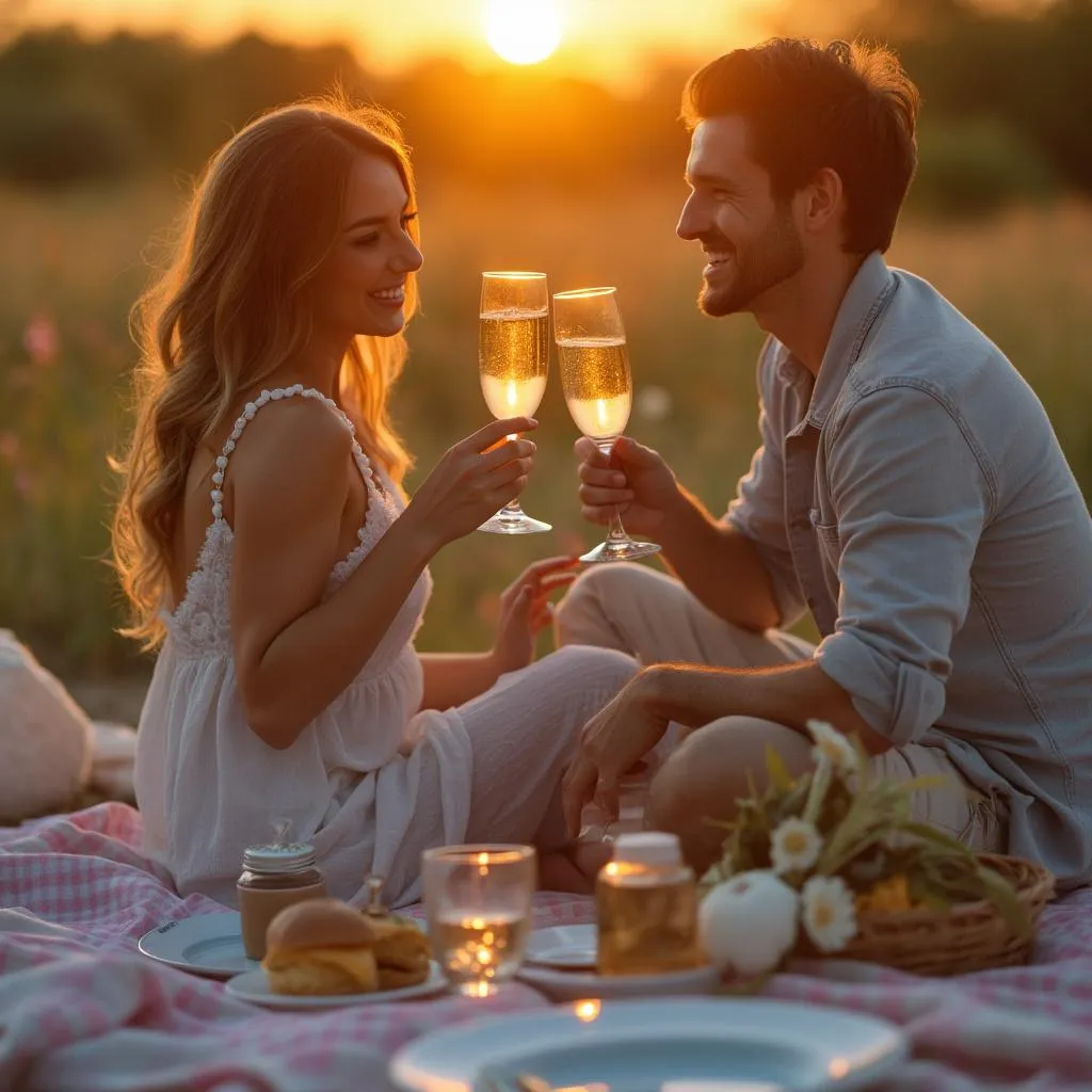 Coppia che fa un brindisi durante un picnic al tramonto