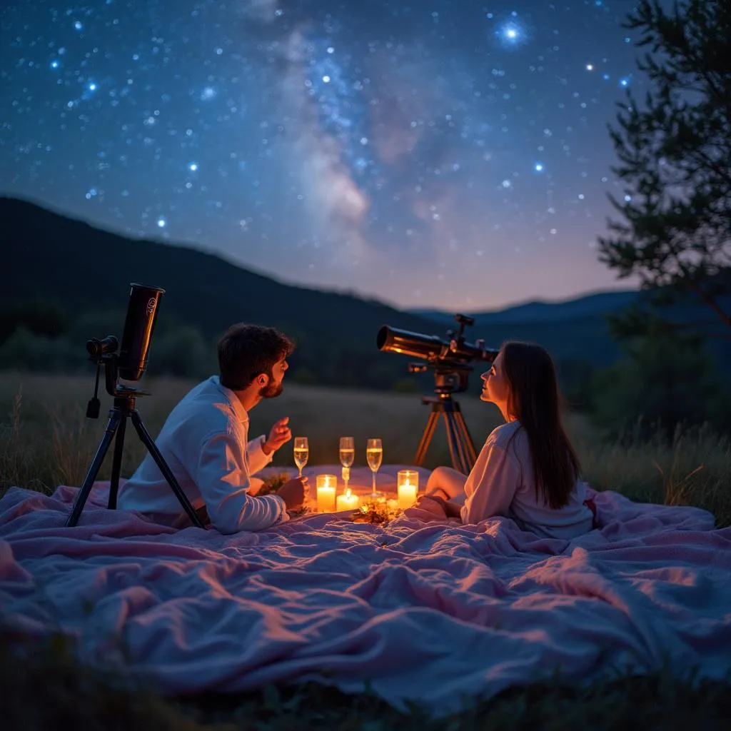 Serata di osservazione delle stelle per coppie con telescopi e champagne