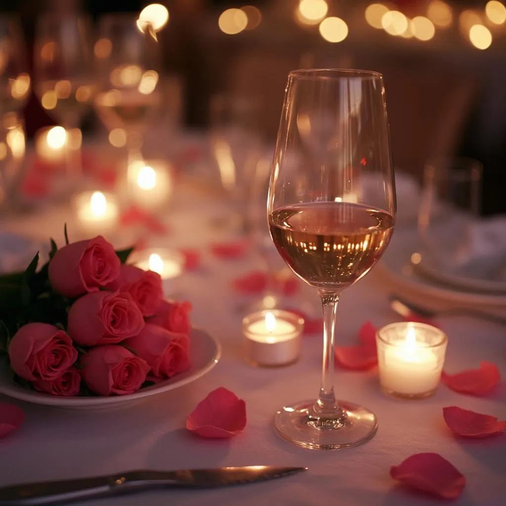 Tavolo elegantemente apparecchiato per una cena romantica a lume di candela
