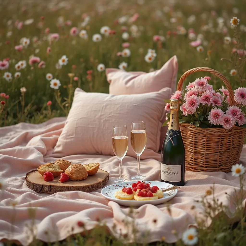 Picnic romantico allestito in un prato fiorito con vista panoramica