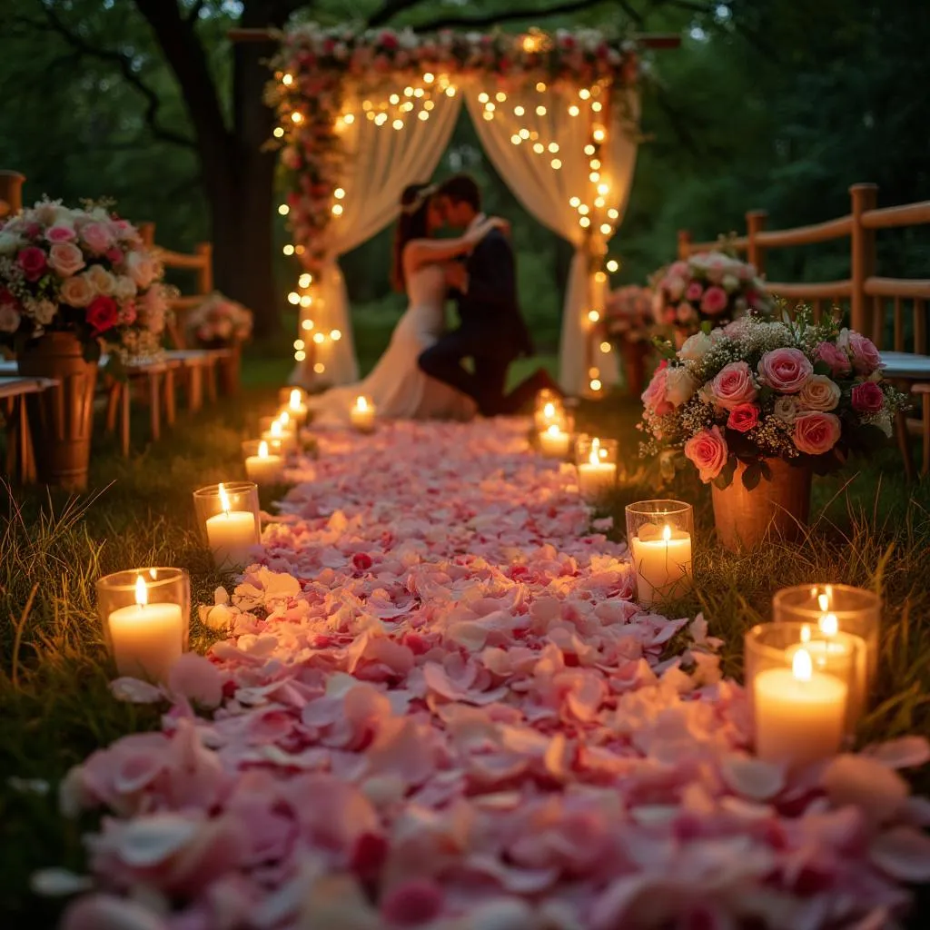 Proposta di matrimonio elaborata con decorazioni floreali e luci