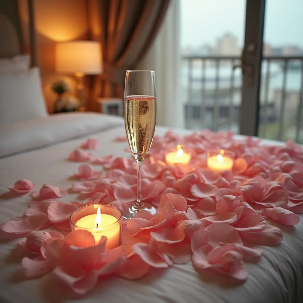 Camera d'albergo decorata romanticamene con petali e candele