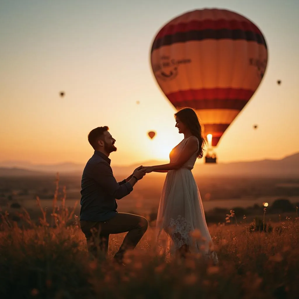 Coppia felice durante proposta di matrimonio in mongolfiera