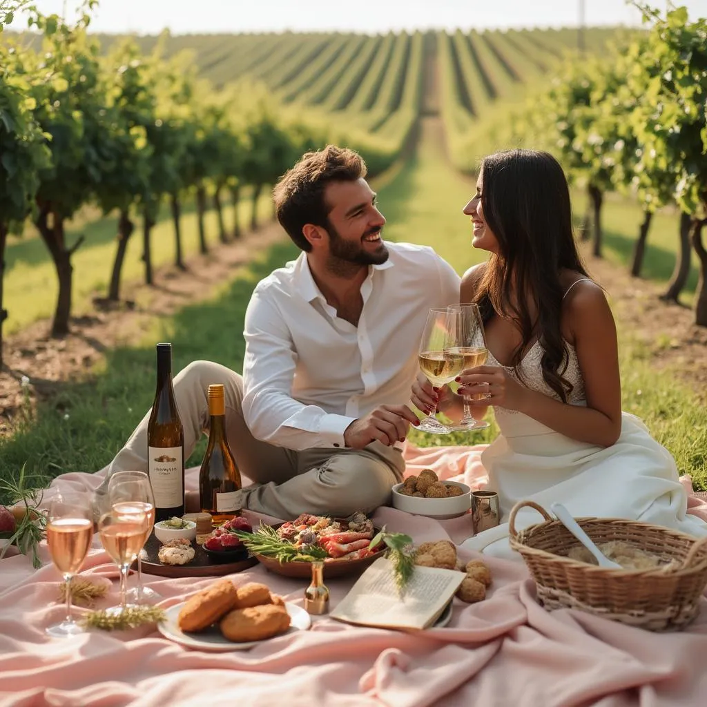 Coppia durante picnic di lusso in vigna privata