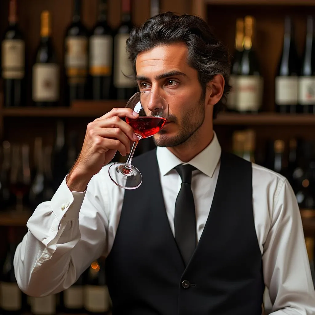 Luca Marino che degusta vino con espressione professionale