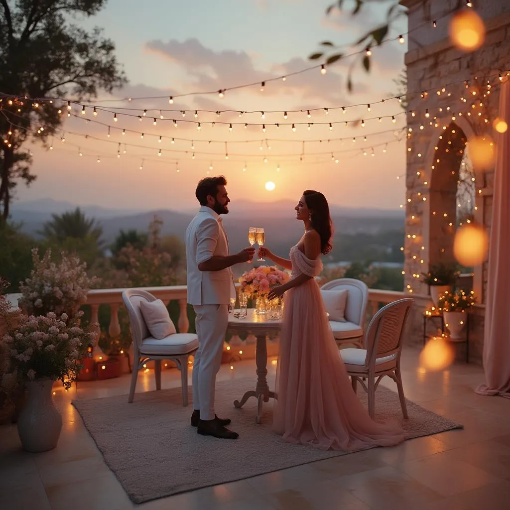 Coppia che brinda al tramonto su una terrazza decorata con luci soffuse